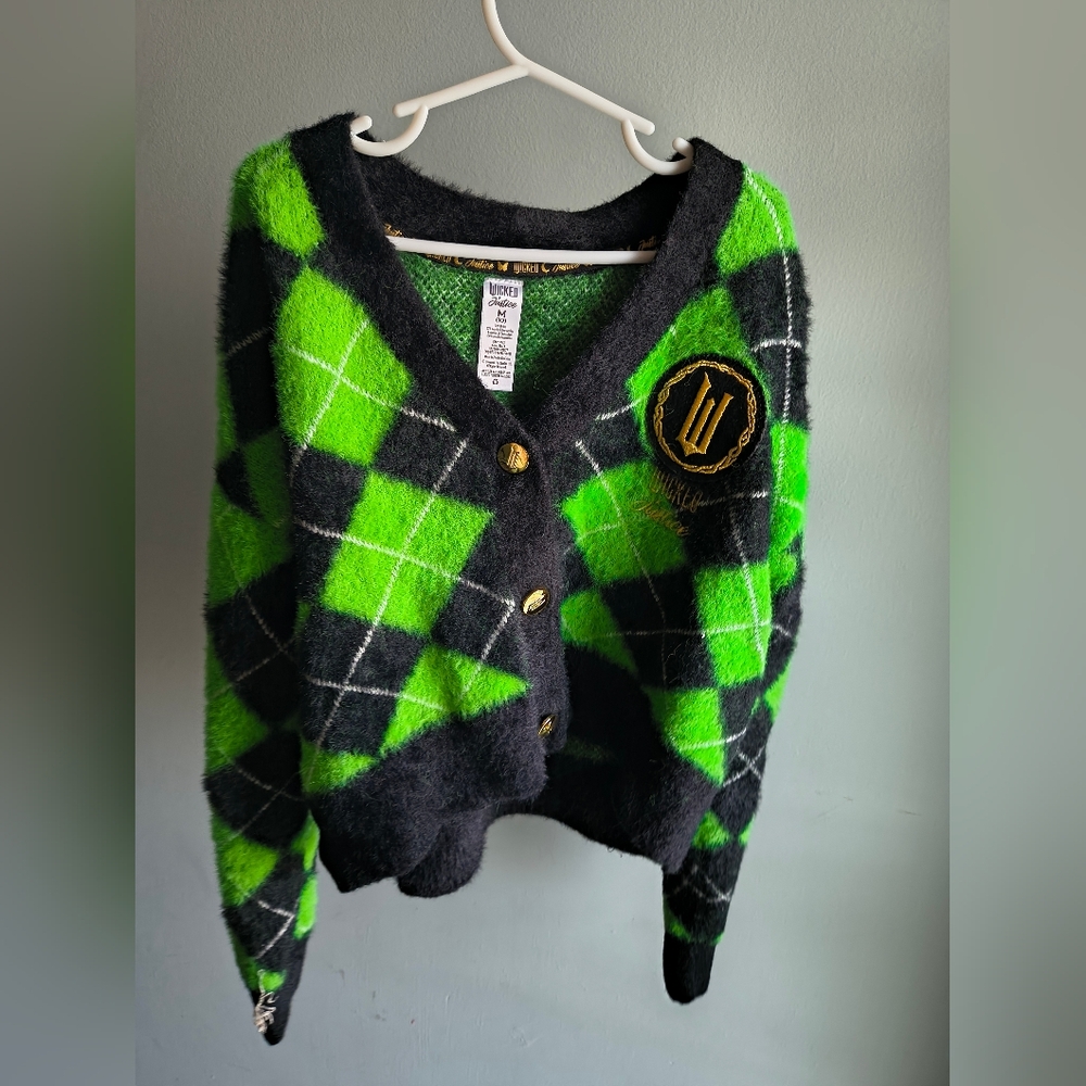 Justice Wicked Green and Black Argyle Crop Cardigan Size 10/M Kids - Picture 1 of 3